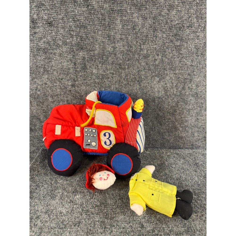 Vintage 1989 Kubi Handcrafted Plush Fire Truck Toy with Fireman Figure Red 3